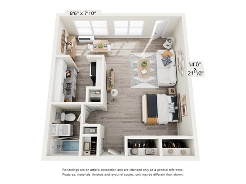 Floor plan for studio, 1 bath, 560 sqft